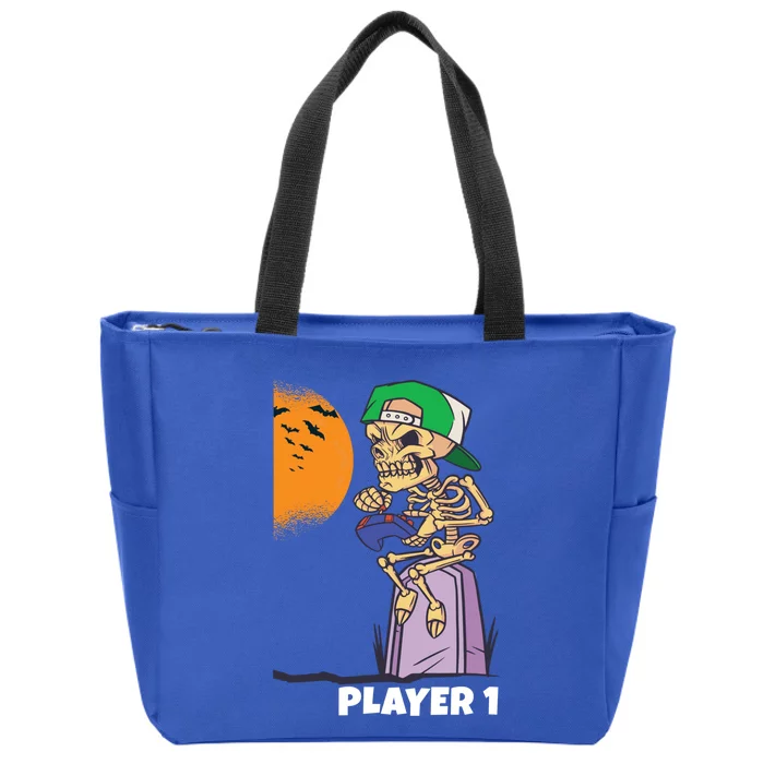 Halloween Gamer Funny Skeleton Player 1 Video Games Party Gift Zip Tote Bag