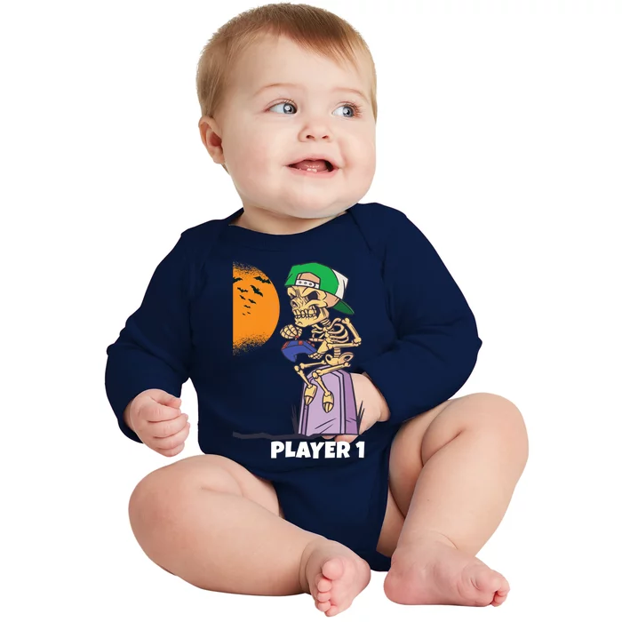 Halloween Gamer Funny Skeleton Player 1 Video Games Party Gift Baby Long Sleeve Bodysuit