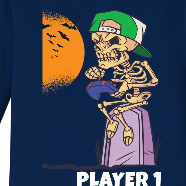 Halloween Gamer Funny Skeleton Player 1 Video Games Party Gift Baby Long Sleeve Bodysuit