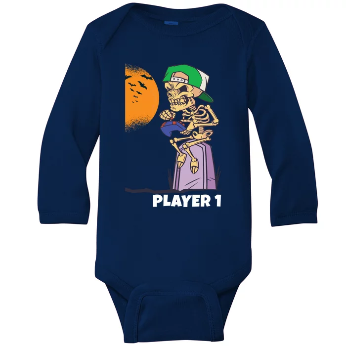 Halloween Gamer Funny Skeleton Player 1 Video Games Party Gift Baby Long Sleeve Bodysuit