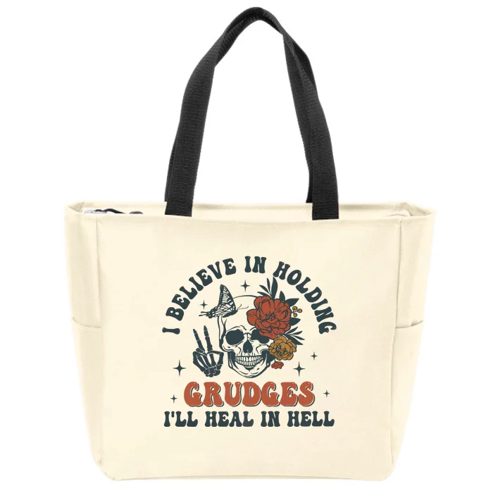 Holding Grudges Floral Skull Zip Tote Bag