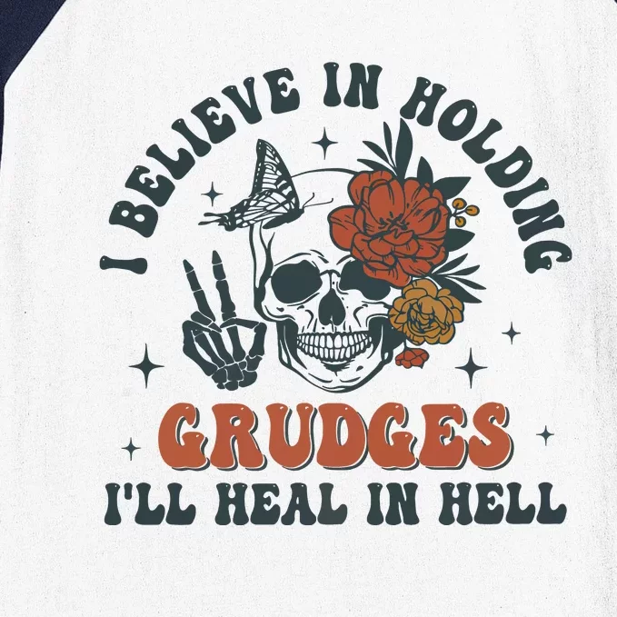 Holding Grudges Floral Skull Baseball Sleeve Shirt