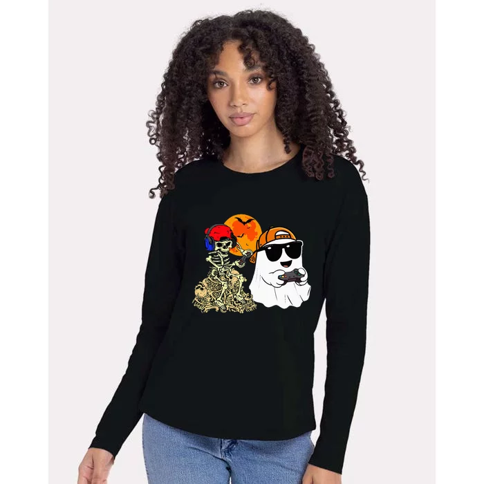 Halloween Ghost Gaming Scary Skeleton Gamer Womens Cotton Relaxed Long Sleeve T-Shirt