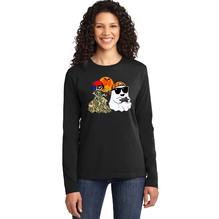 Halloween Ghost Gaming Scary Skeleton Gamer Ladies Long Sleeve Shirt