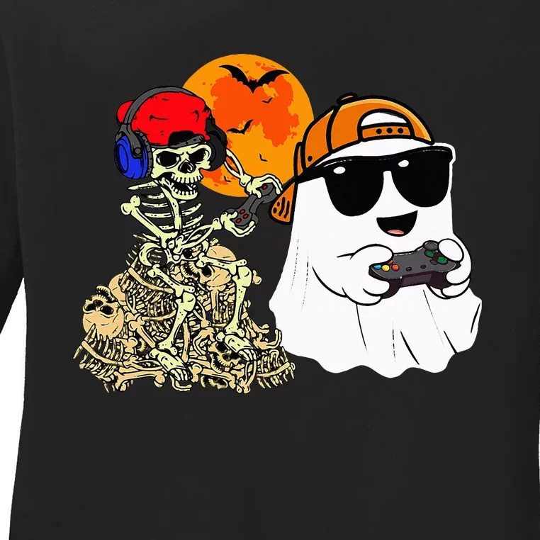 Halloween Ghost Gaming Scary Skeleton Gamer Ladies Long Sleeve Shirt