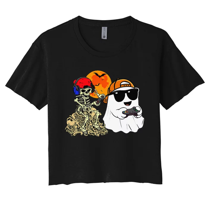 Halloween Ghost Gaming Scary Skeleton Gamer Gift Women's Crop Top Tee