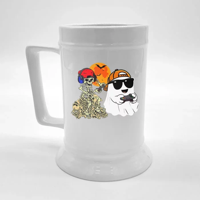 Halloween Ghost Gaming Scary Skeleton Gamer Gift Front & Back Beer Stein