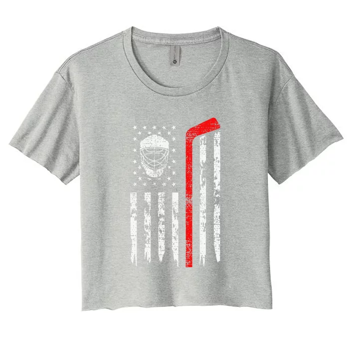 Hockey Goalie Gift USA Flag Hockey Stick Ice Women's Crop Top Tee