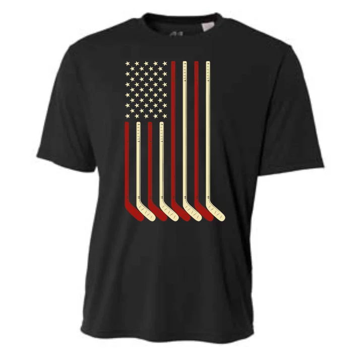 Hockey Goalie Gift USA Flag Hockey Stick Ice Hockey Cooling Performance Crew T-Shirt