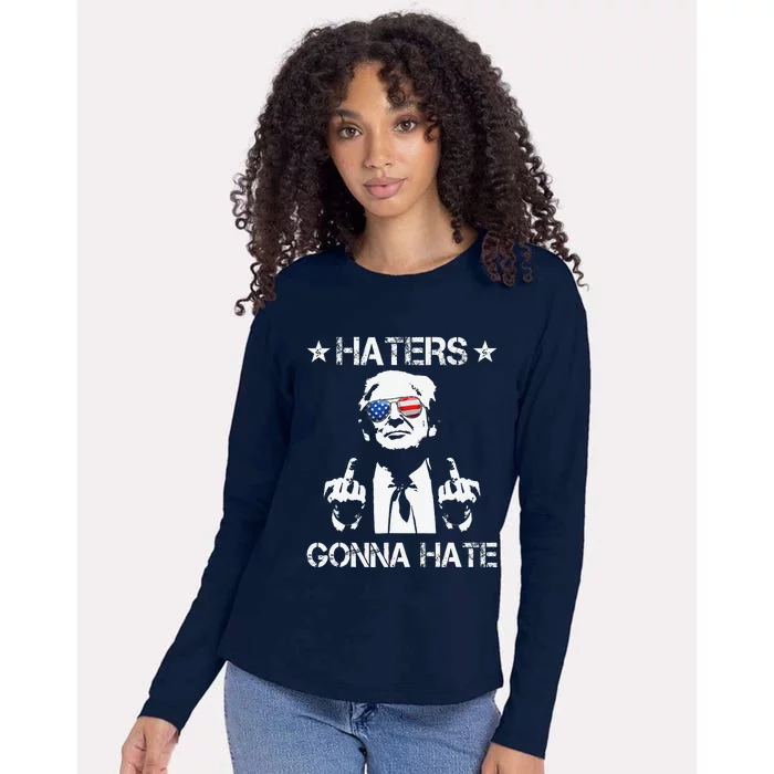 Haters Gonna Hate Middle Finger Funny Trump 2024 President Womens Cotton Relaxed Long Sleeve T-Shirt