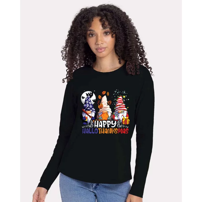 Hallothanksmas Gnomes Halloween Thanksgiving Christmas Happy Womens Cotton Relaxed Long Sleeve T-Shirt