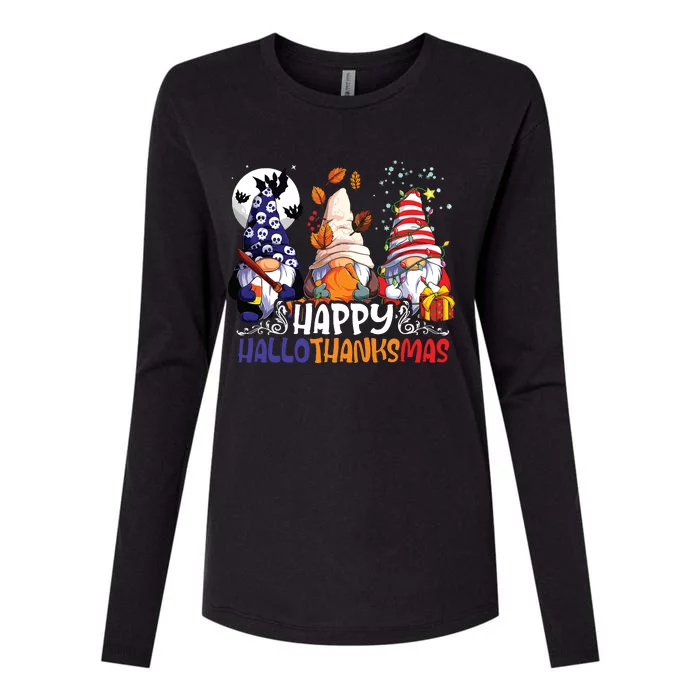 Hallothanksmas Gnomes Halloween Thanksgiving Christmas Happy Womens Cotton Relaxed Long Sleeve T-Shirt