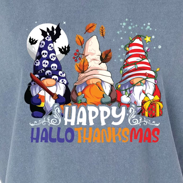 Hallothanksmas Gnomes Halloween Thanksgiving Christmas Happy Garment-Dyed Women's Muscle Tee