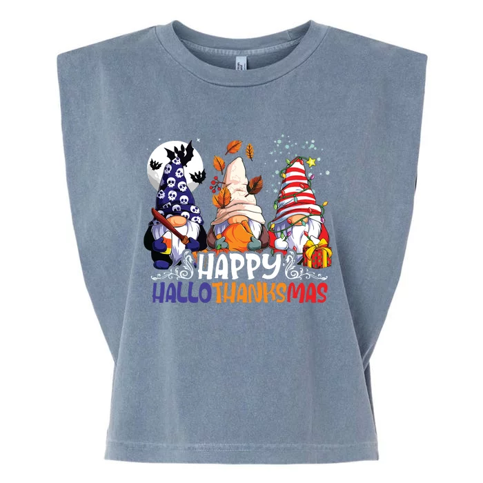 Hallothanksmas Gnomes Halloween Thanksgiving Christmas Happy Garment-Dyed Women's Muscle Tee