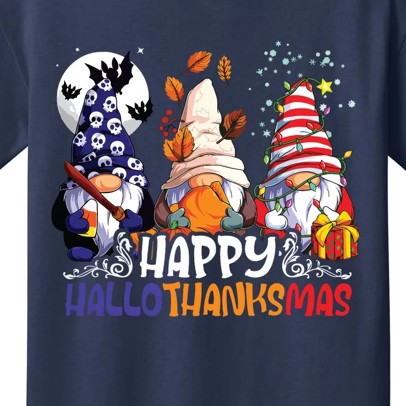 Hallothanksmas Gnomes Halloween Thanksgiving Christmas Happy Kids T-Shirt