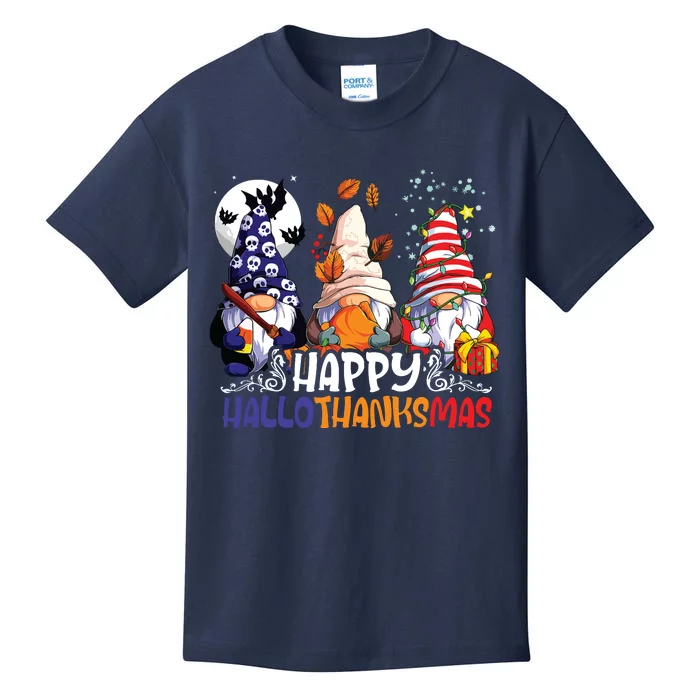 Hallothanksmas Gnomes Halloween Thanksgiving Christmas Happy Kids T-Shirt