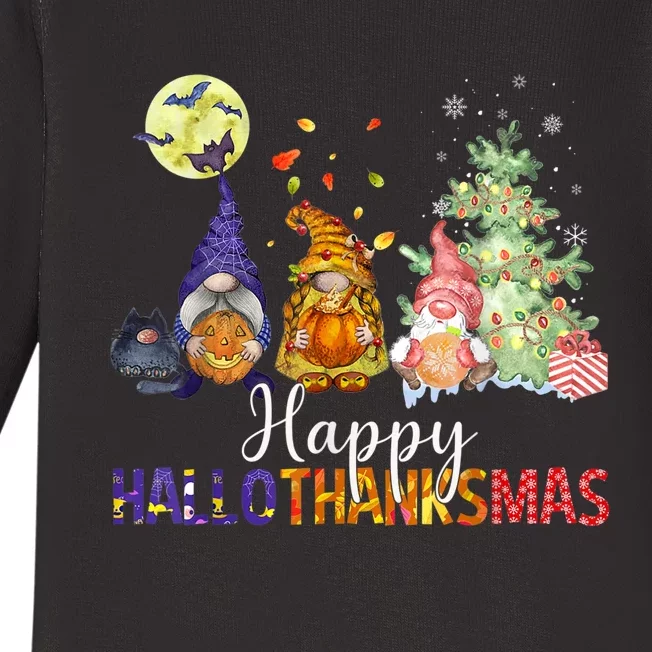 HalloThanksMas Gnomes Halloween Thanksgiving Christmas Baby Long Sleeve Bodysuit