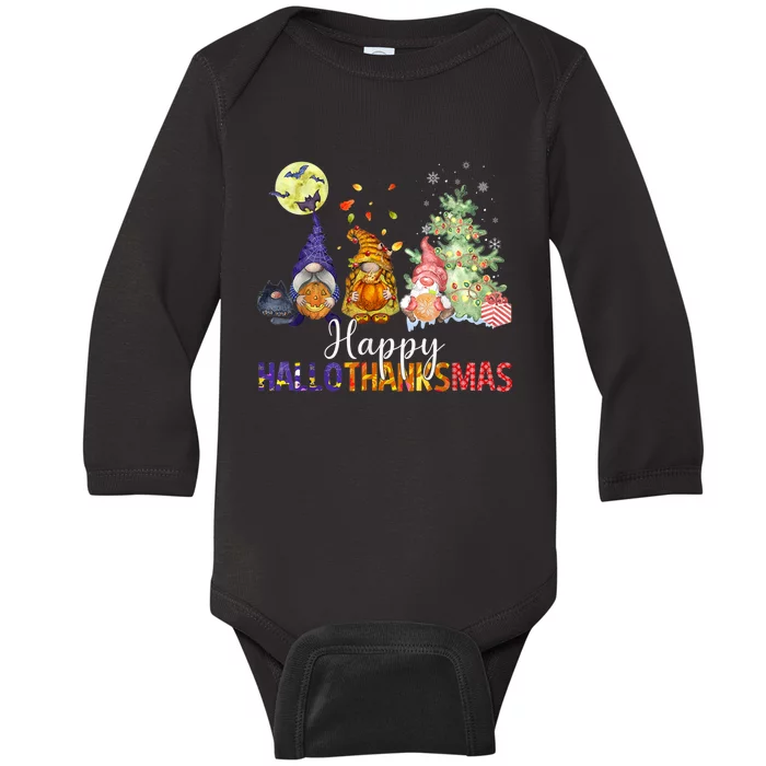 HalloThanksMas Gnomes Halloween Thanksgiving Christmas Baby Long Sleeve Bodysuit