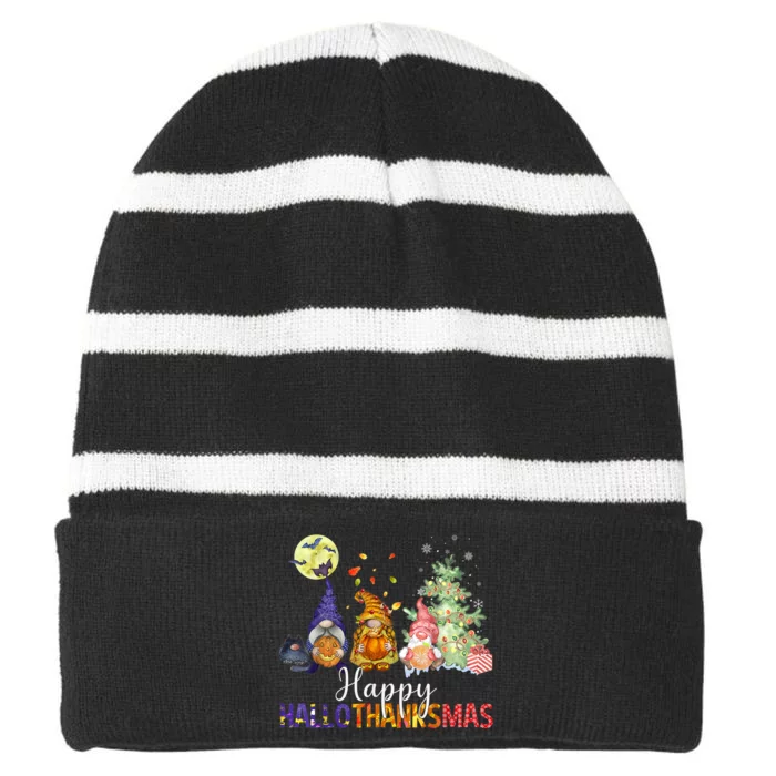 HalloThanksMas Gnomes Halloween Thanksgiving Christmas Striped Beanie with Solid Band