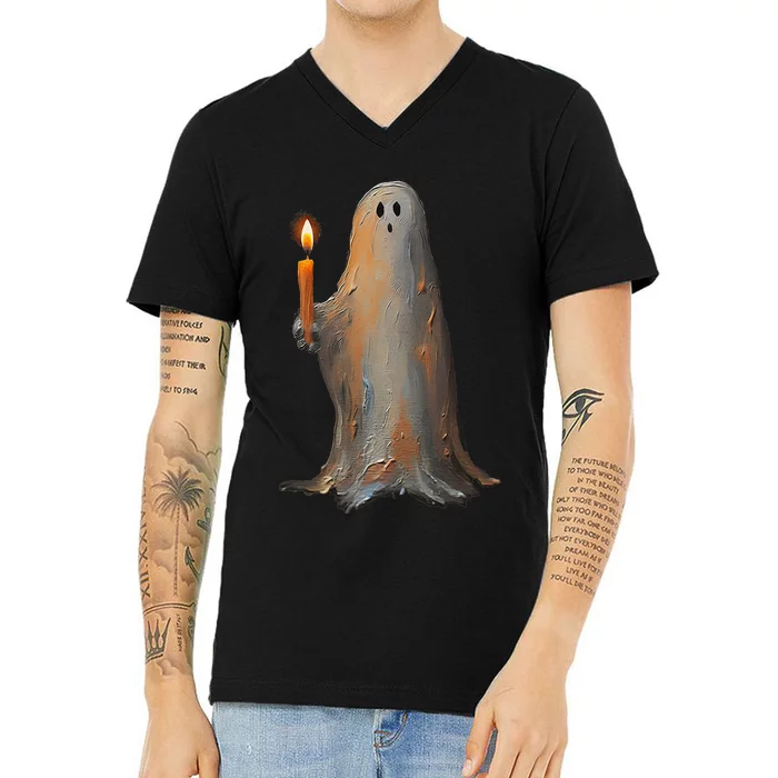 Halloween Ghost Holding Candle Spooky V-Neck T-Shirt