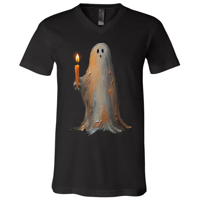 Halloween Ghost Holding Candle Spooky V-Neck T-Shirt