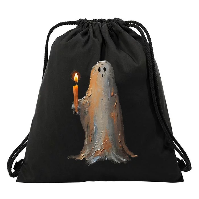 Halloween Ghost Holding Candle Spooky Drawstring Bag