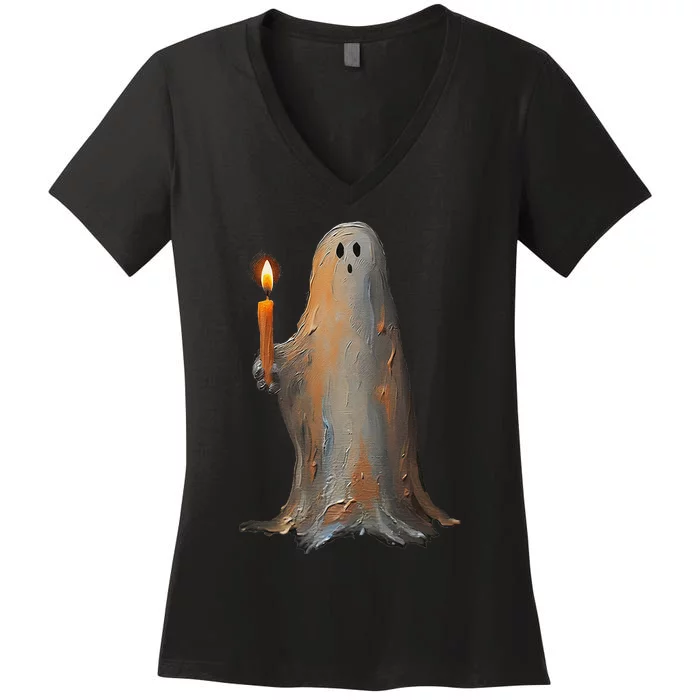 Halloween Ghost Holding Candle Spooky Women's V-Neck T-Shirt