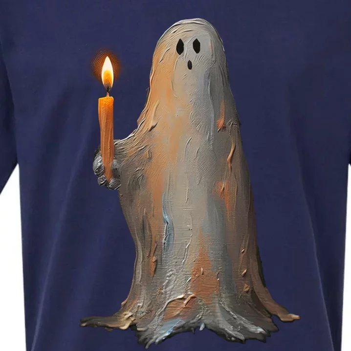 Halloween Ghost Holding Candle Spooky Gift Sueded Cloud Jersey T-Shirt