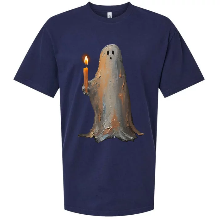 Halloween Ghost Holding Candle Spooky Gift Sueded Cloud Jersey T-Shirt