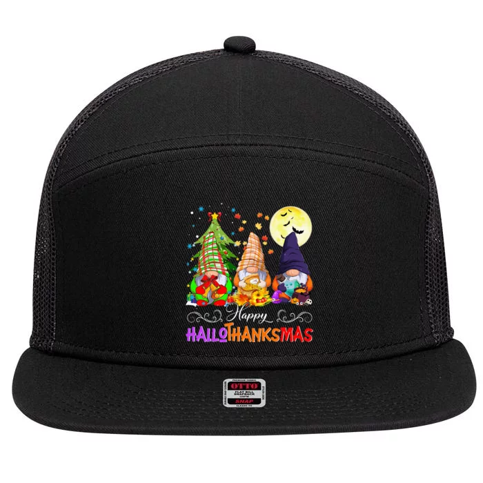 Hallothanksmas Gnomes Halloween Thanksgiving Christmas Happy 7 Panel Mesh Trucker Snapback Hat