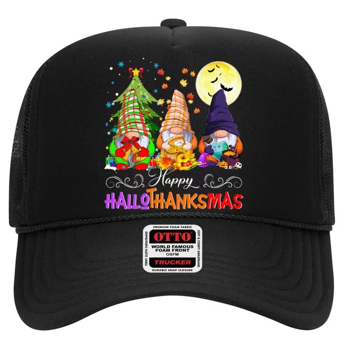 Hallothanksmas Gnomes Halloween Thanksgiving Christmas Happy High Crown Mesh Trucker Hat