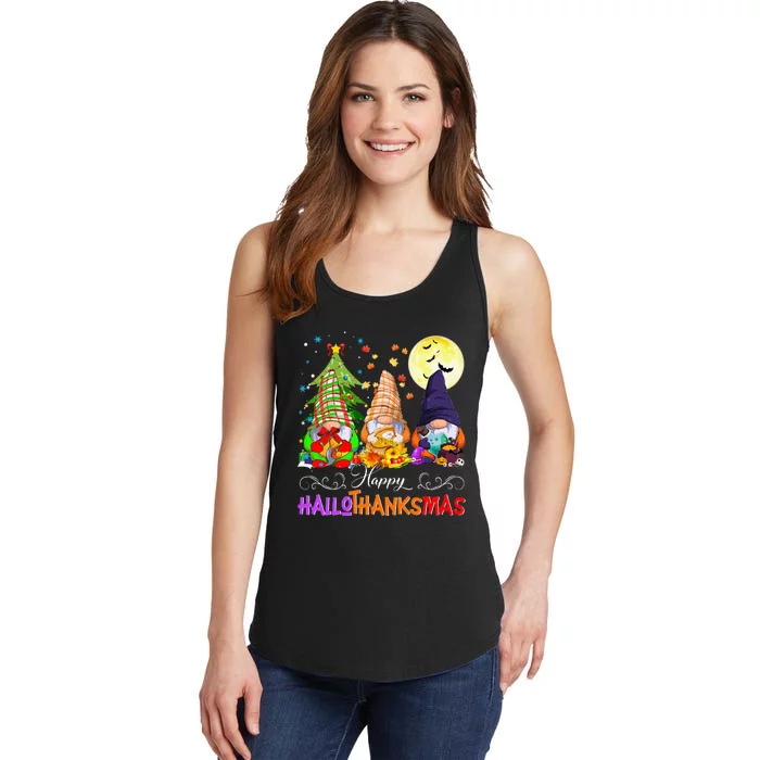 Hallothanksmas Gnomes Halloween Thanksgiving Christmas Happy Ladies Essential Tank