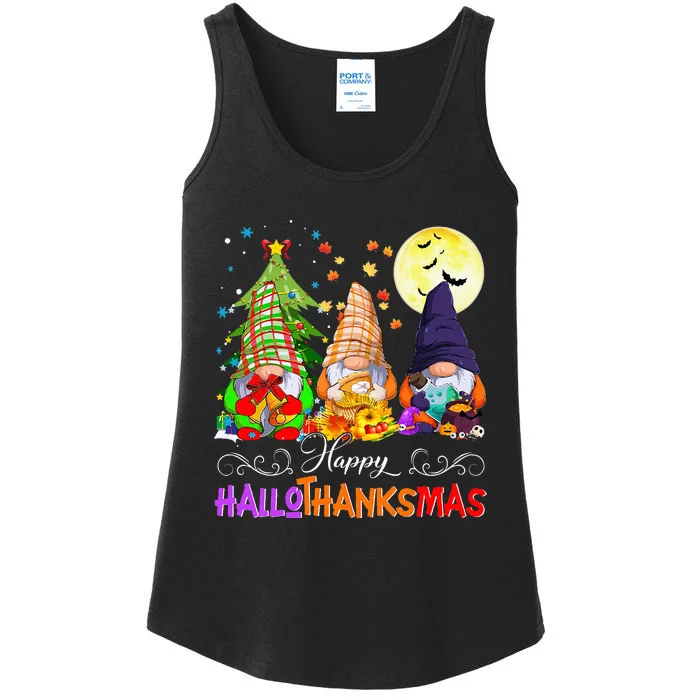 Hallothanksmas Gnomes Halloween Thanksgiving Christmas Happy Ladies Essential Tank