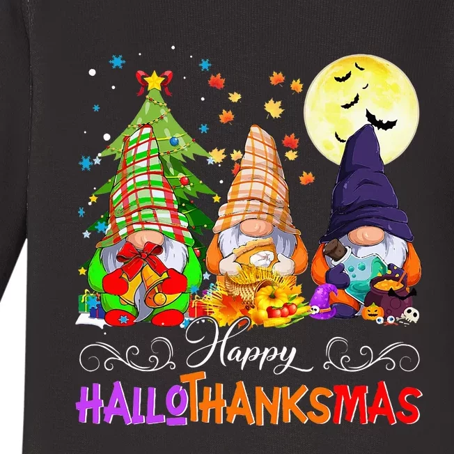 Hallothanksmas Gnomes Halloween Thanksgiving Christmas Happy Baby Long Sleeve Bodysuit