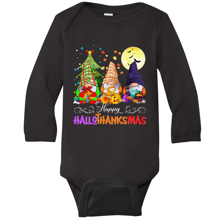 Hallothanksmas Gnomes Halloween Thanksgiving Christmas Happy Baby Long Sleeve Bodysuit