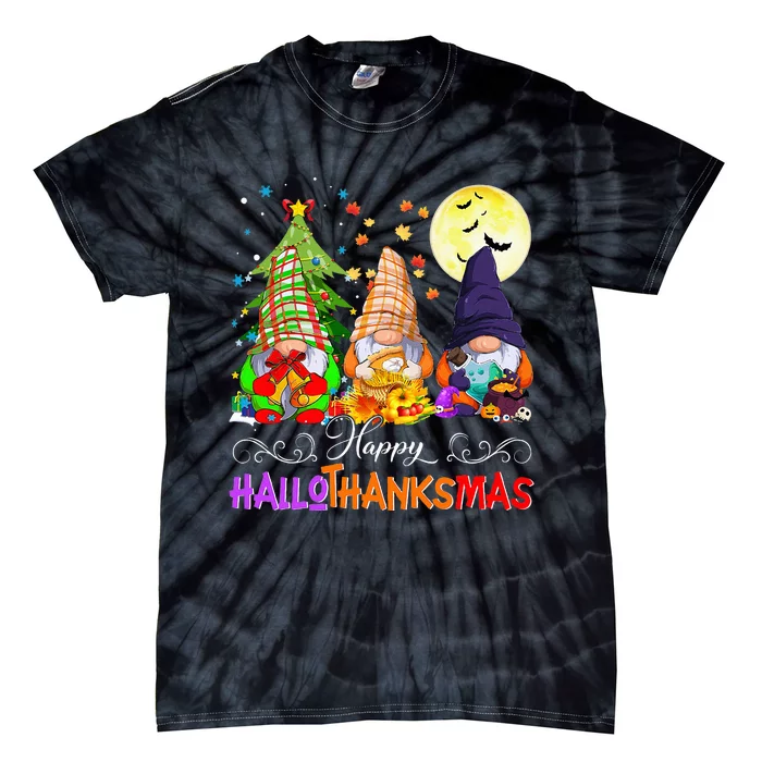 Hallothanksmas Gnomes Halloween Thanksgiving Christmas Happy Tie-Dye T-Shirt