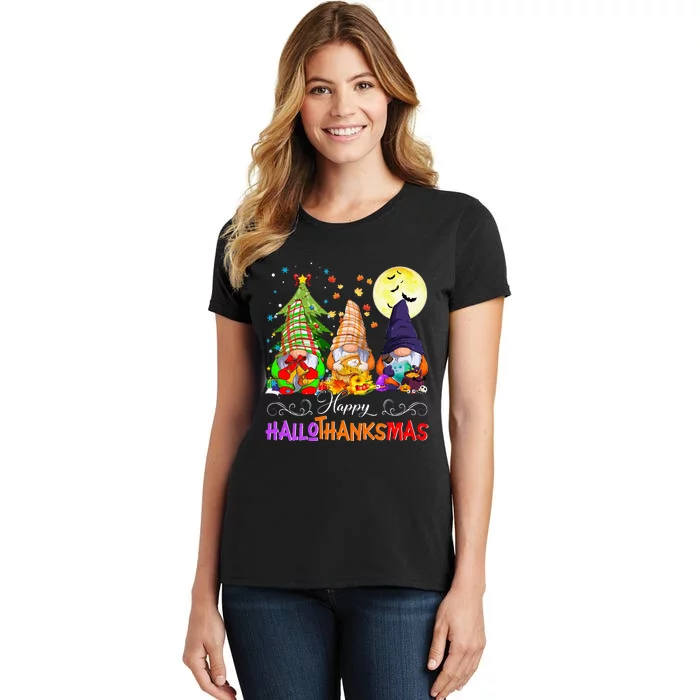 Hallothanksmas Gnomes Halloween Thanksgiving Christmas Happy Women's T-Shirt