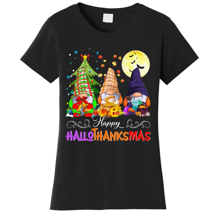 Hallothanksmas Gnomes Halloween Thanksgiving Christmas Happy Women's T-Shirt