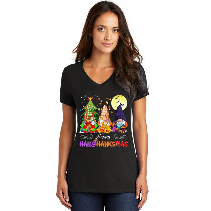 Hallothanksmas Gnomes Halloween Thanksgiving Christmas Happy Women's V-Neck T-Shirt