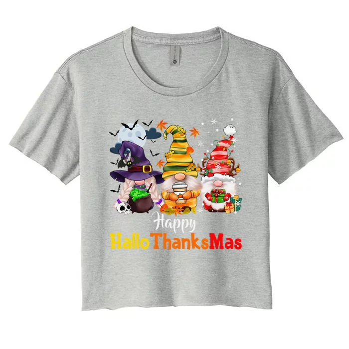 Halloween Gnomes Happy HalloThanksMas Thanksgiving Christmas Cute Women's Crop Top Tee