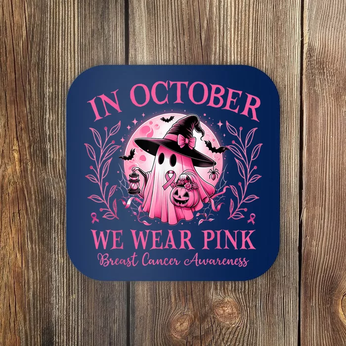 Halloween Ghost In October We Wear Pin.K Breast Cancer Awareness Gift Coaster