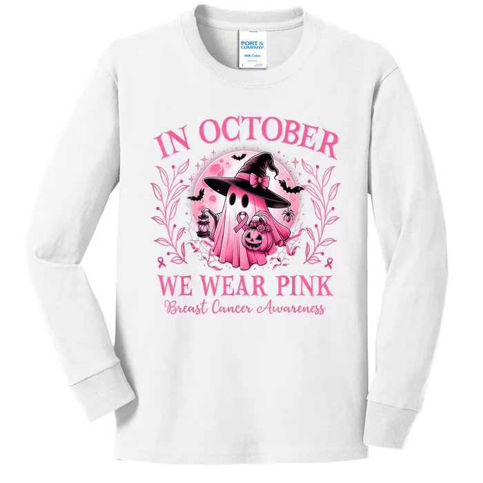 Halloween Ghost In October We Wear Pin.K Breast Cancer Awareness Gift Kids Long Sleeve Shirt