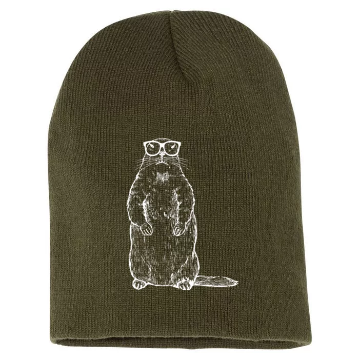 Hipster Groundhog In Nerd Glasses Short Acrylic Beanie