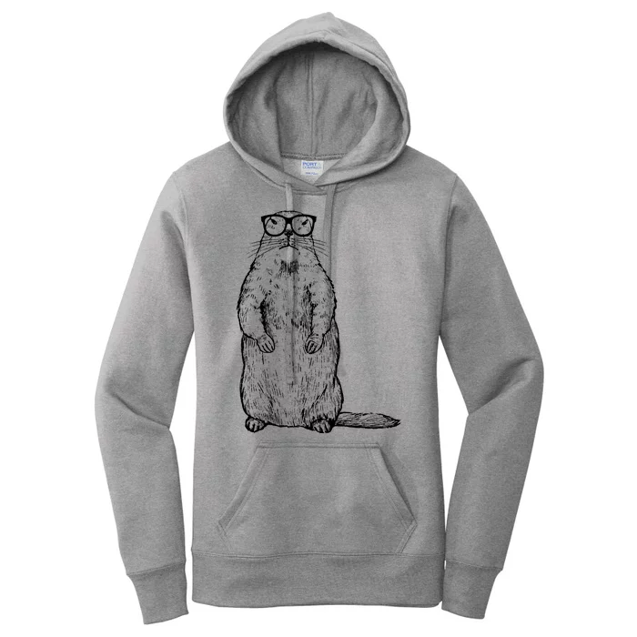 Hipster Groundhog In Nerd Glasses Women's Pullover Hoodie