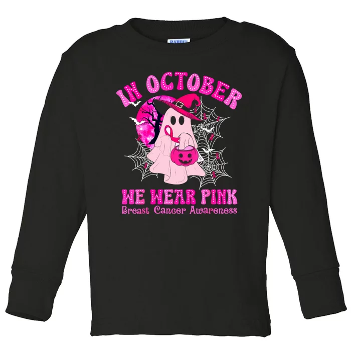 Halloween Ghost In October We Wear Pin.K Breast Cancer Women Gift Toddler Long Sleeve Shirt