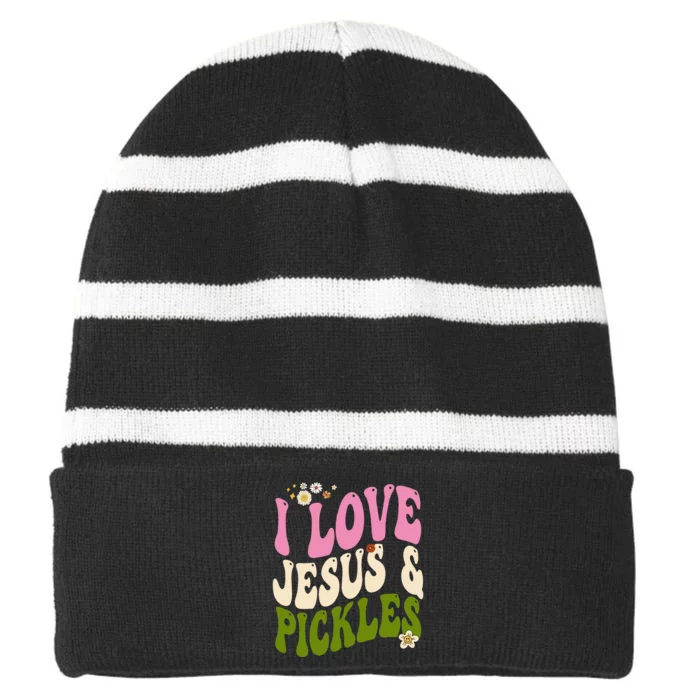 Hippie Groovy I Love Pickles & Jesus Pickle Retro Vegetarian Striped Beanie with Solid Band