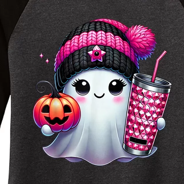 Drinking Coffee Halloween Ghost Ice Coffee Cute Ghost  Gift Women's Tri-Blend 3/4-Sleeve Raglan Shirt