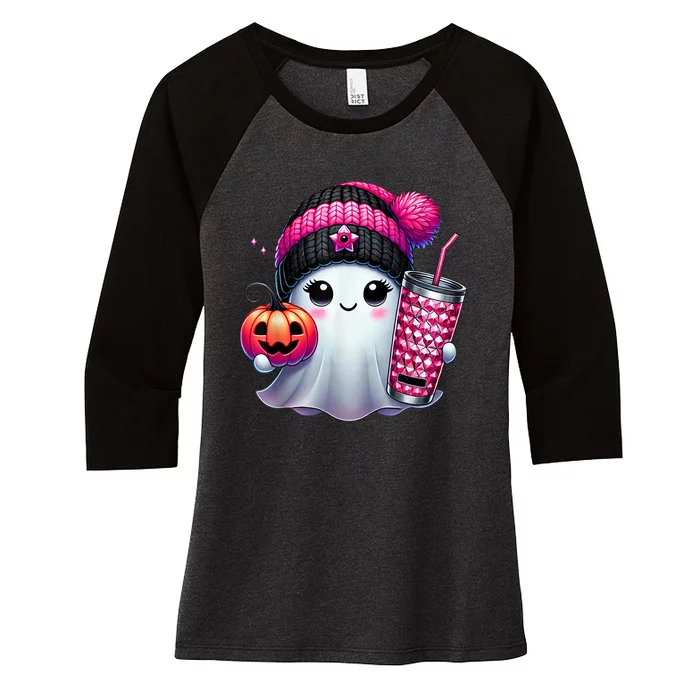 Drinking Coffee Halloween Ghost Ice Coffee Cute Ghost  Gift Women's Tri-Blend 3/4-Sleeve Raglan Shirt