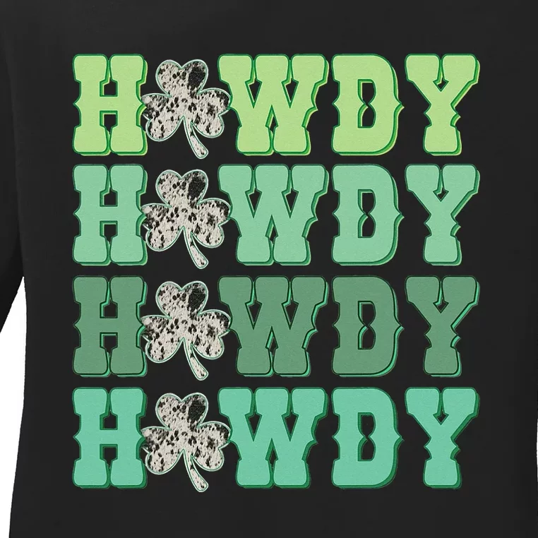 Howdy Go Lucky Cow Western St Patricks Day Irish Shamrock Ladies Long Sleeve Shirt