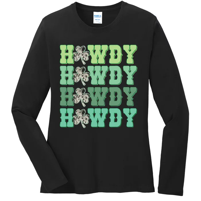 Howdy Go Lucky Cow Western St Patricks Day Irish Shamrock Ladies Long Sleeve Shirt